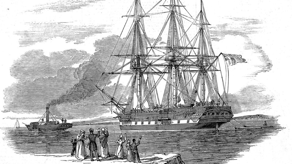 Zeitgenössische Illustration eines dreimastigen Segelschiffs beim Einschiffen von Passagieren