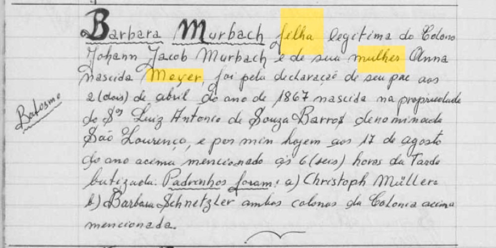 Pfarrregister von 1867 zur Taufe von Barbara Murbach, die sie als Tochter von Johann Jacob Murbach und Anna, geborene Meyer, ausweist