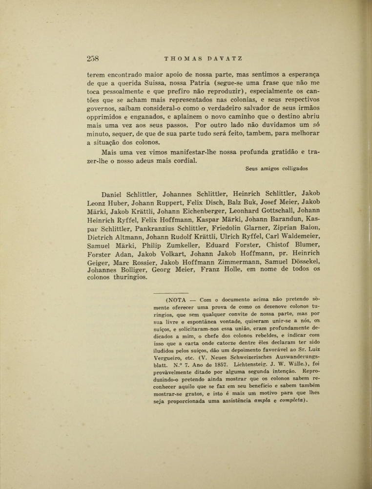 Seite 258 aus Thomas Davatz' Buch, mit Unterschriftenliste Schweizer Kolonisten, darunter Georg Meier und Franz Holle