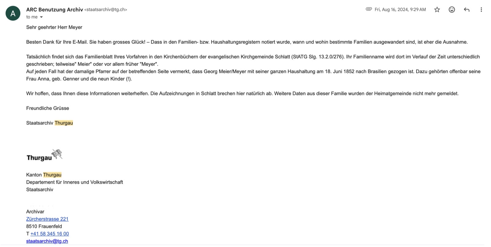 Screenshot einer E-Mail des Staatsarchivs Thurgau, die den Auswanderungseintrag von Georg Meier/Meyer nach Brasilien 1852 bestätigt