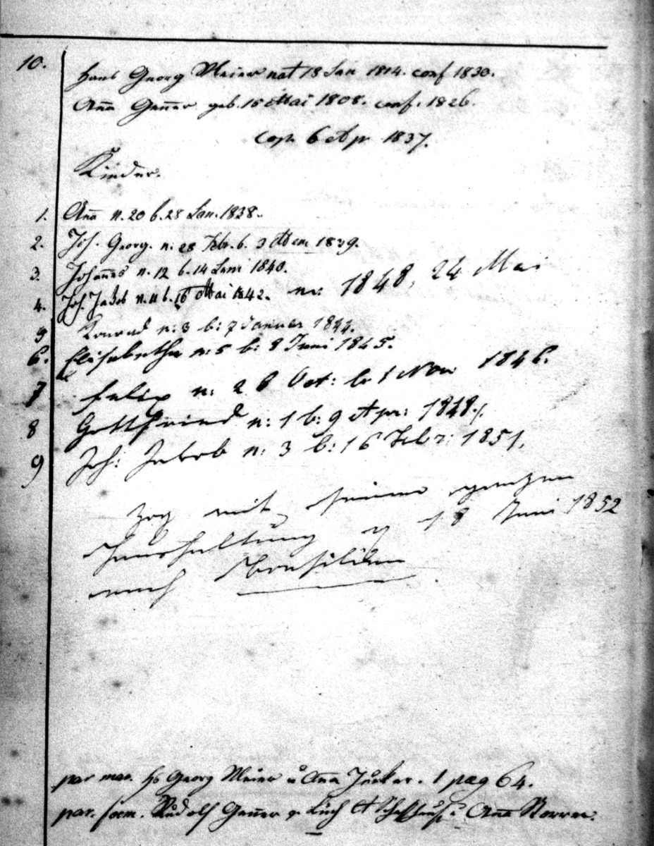 Handschriftlicher Eintrag im Familienbuch der Pfarrei Schlatt, mit Hans Georg Meier, Anna Genner und den neun Kindern des Paares, sowie einem Vermerk zur Auswanderung nach Brasilien 1852