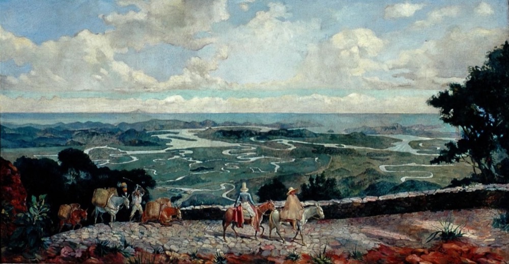 Gemälde von Oscar Pereira da Silva mit Reisenden und Maultiertrupps auf der Calçada do Lorena, im Hintergrund die Niederung von Santos