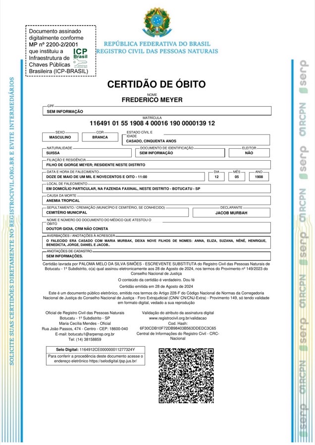 Titelseite des PDF: Sterbeurkunde von Frederico Meyer