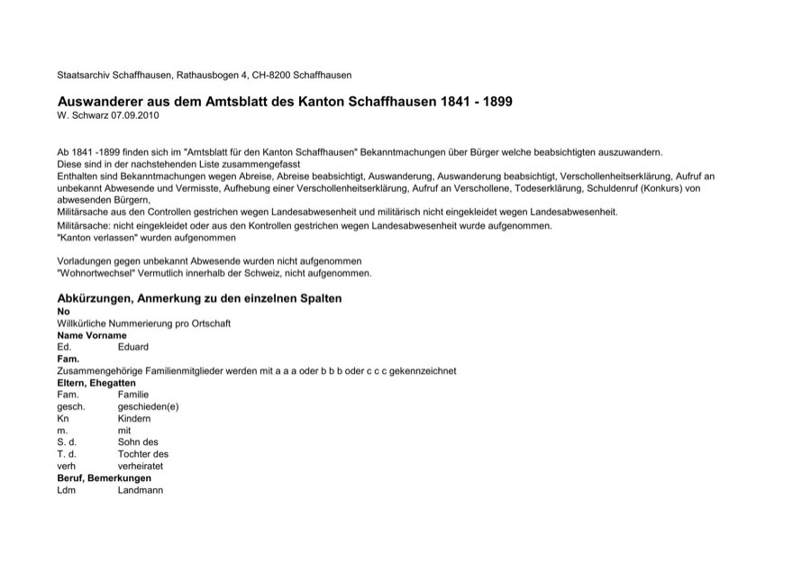 Capa do PDF: registro de emigração de Schaffhausen